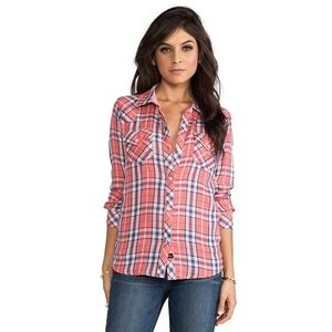 Rails Kendra Cotton Button Down Shirt in Coral Red Navy Blue Plaid Size Small